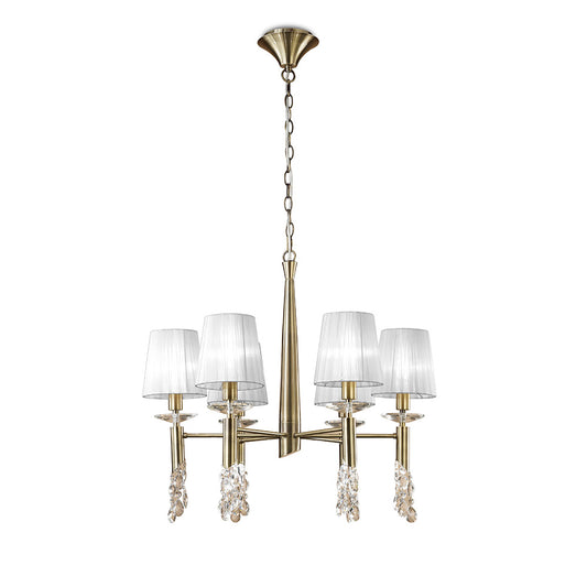 Tiffany Pendant 6+6 Light E14+G9, Antique Brass With White Shades & Clear Crystal by Mantra