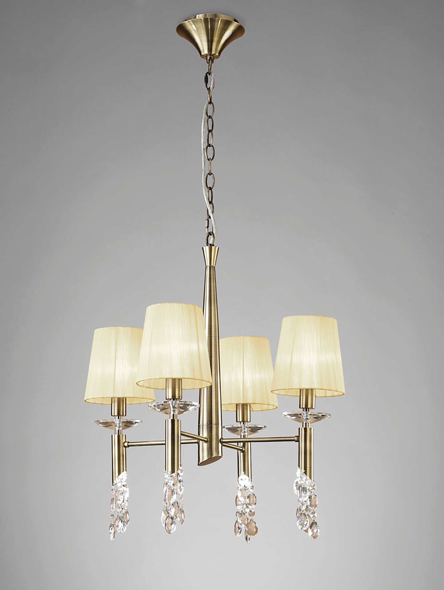 Tiffany Pendant 4+4 Light E14+G9, Antique Brass With Cream Shades & Clear Crystal by Mantra