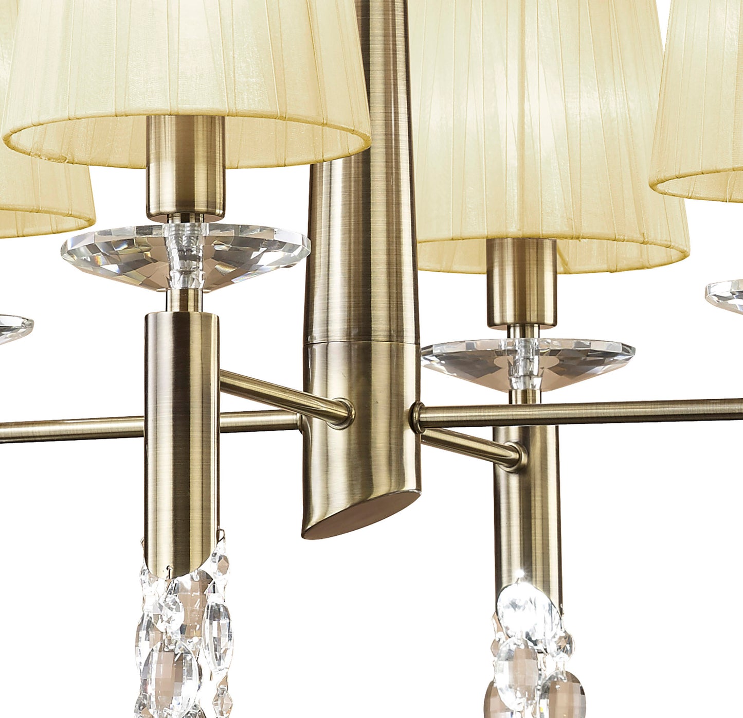 Tiffany Pendant 4+4 Light E14+G9, Antique Brass With Cream Shades & Clear Crystal by Mantra