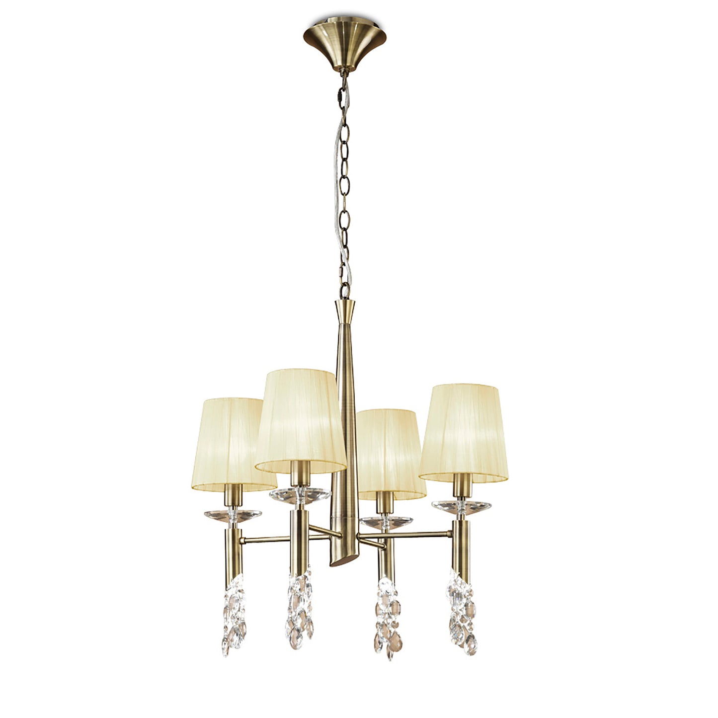 Tiffany Pendant 4+4 Light E14+G9, Antique Brass With Cream Shades & Clear Crystal by Mantra