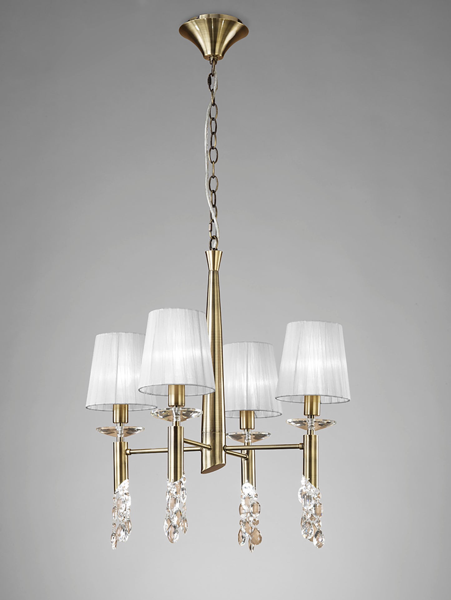 Tiffany Pendant 4+4 Light E14+G9, Antique Brass With White Shades & Clear Crystal by Mantra