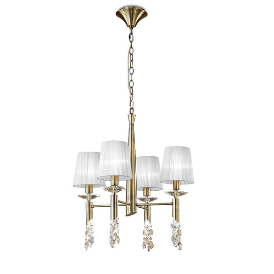 Tiffany Pendant 4+4 Light E14+G9, Antique Brass With White Shades & Clear Crystal by Mantra