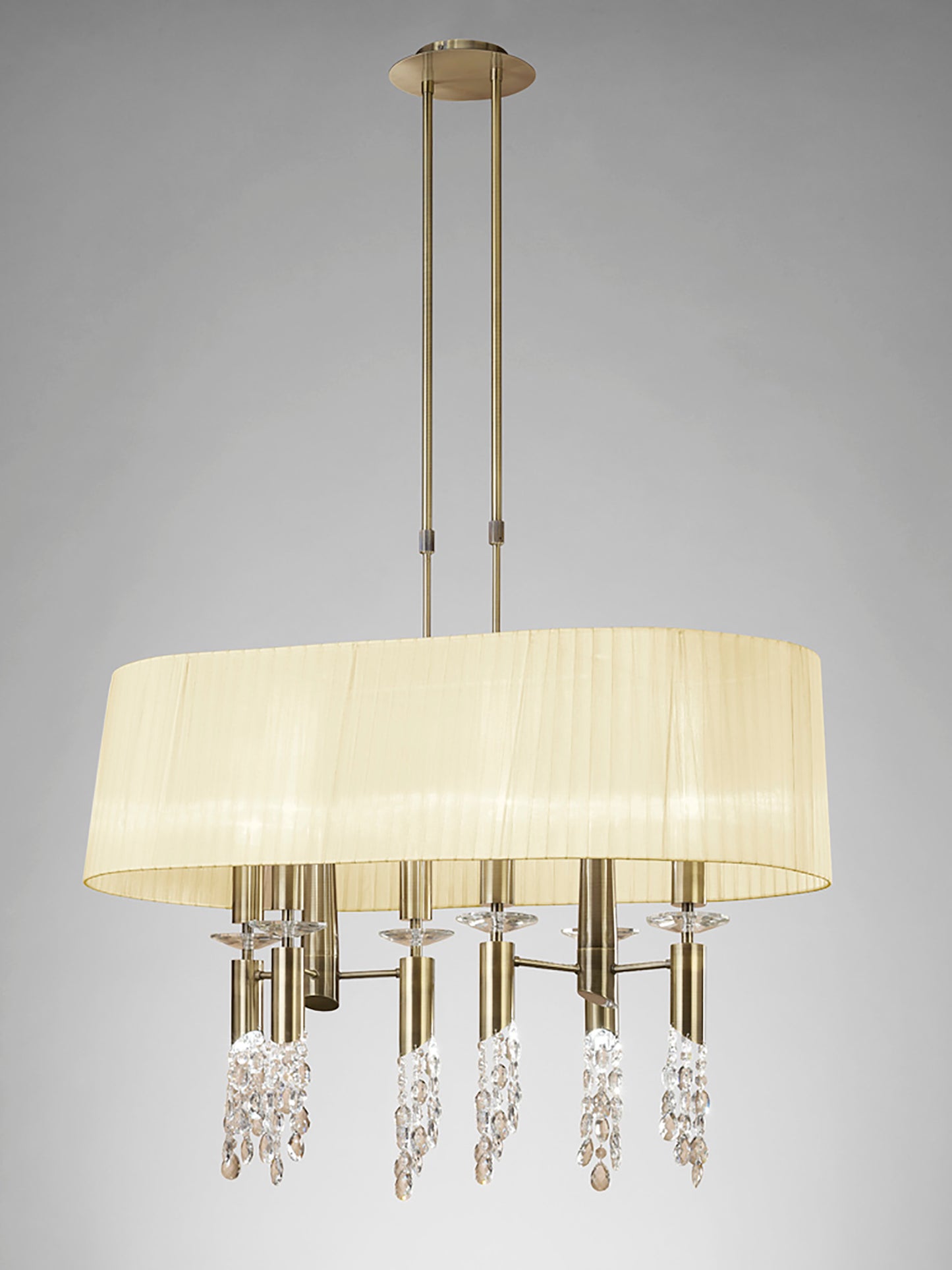 Tiffany Pendant 6+6 Light E27+G9 Oval, Antique Brass With Cream Shade & Clear Crystal by Mantra