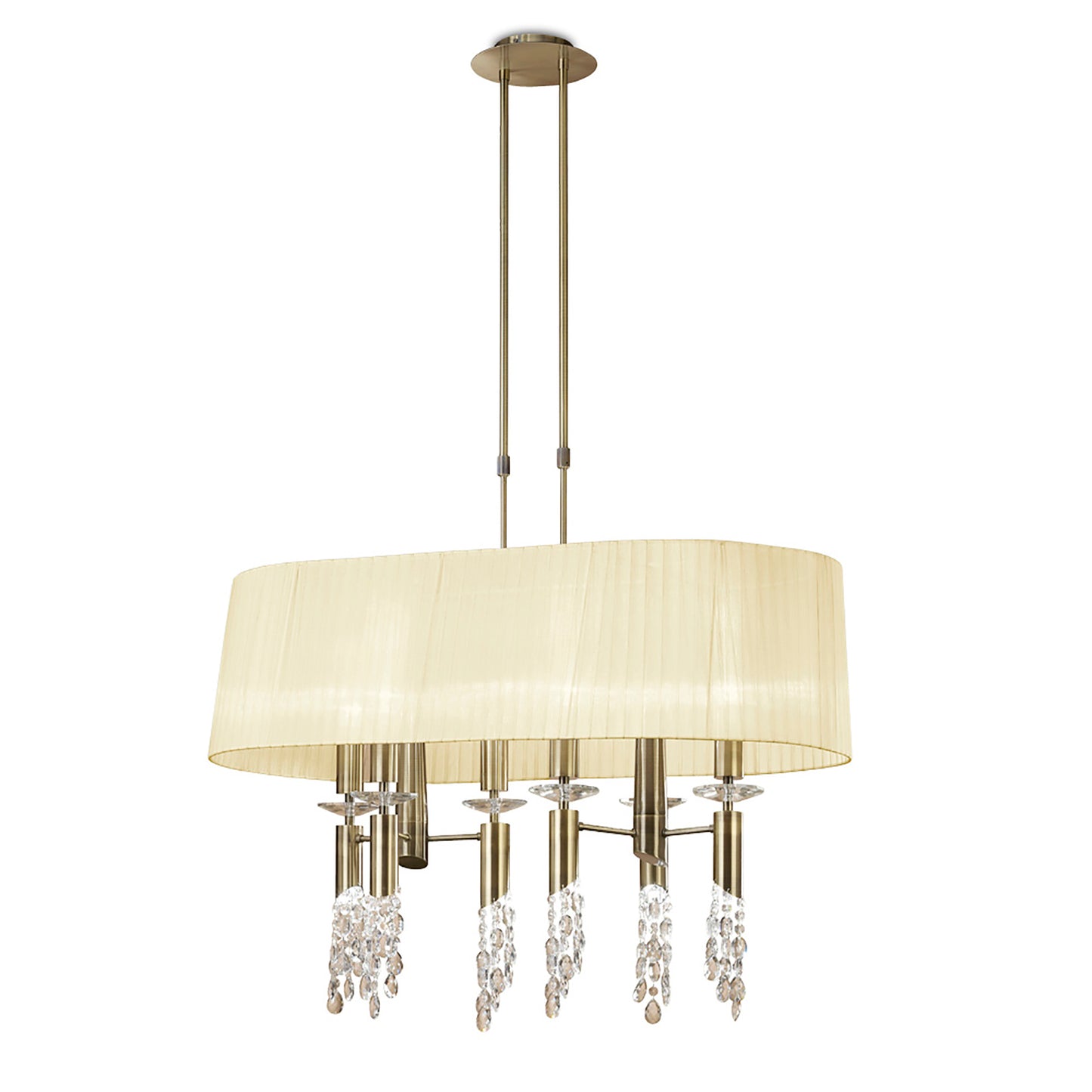 Tiffany Pendant 6+6 Light E27+G9 Oval, Antique Brass With Cream Shade & Clear Crystal by Mantra