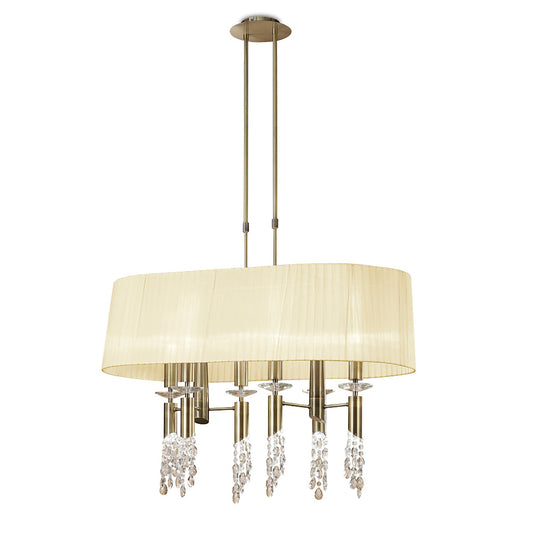 Tiffany Pendant 6+6 Light E27+G9 Oval, Antique Brass With Cream Shade & Clear Crystal by Mantra