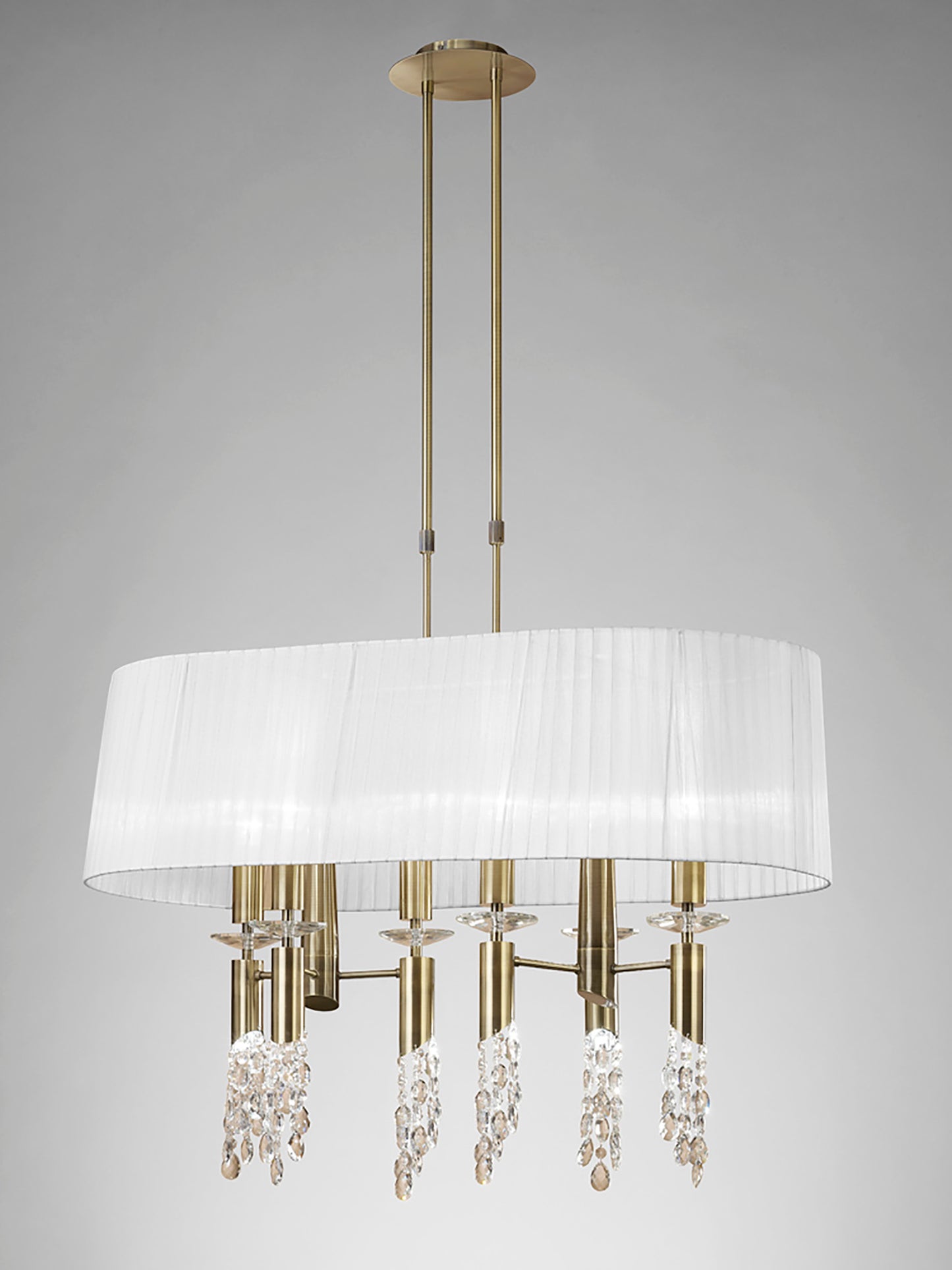 Tiffany Pendant 6+6 Light E27+G9 Oval, Antique Brass With White Shade & Clear Crystal by Mantra