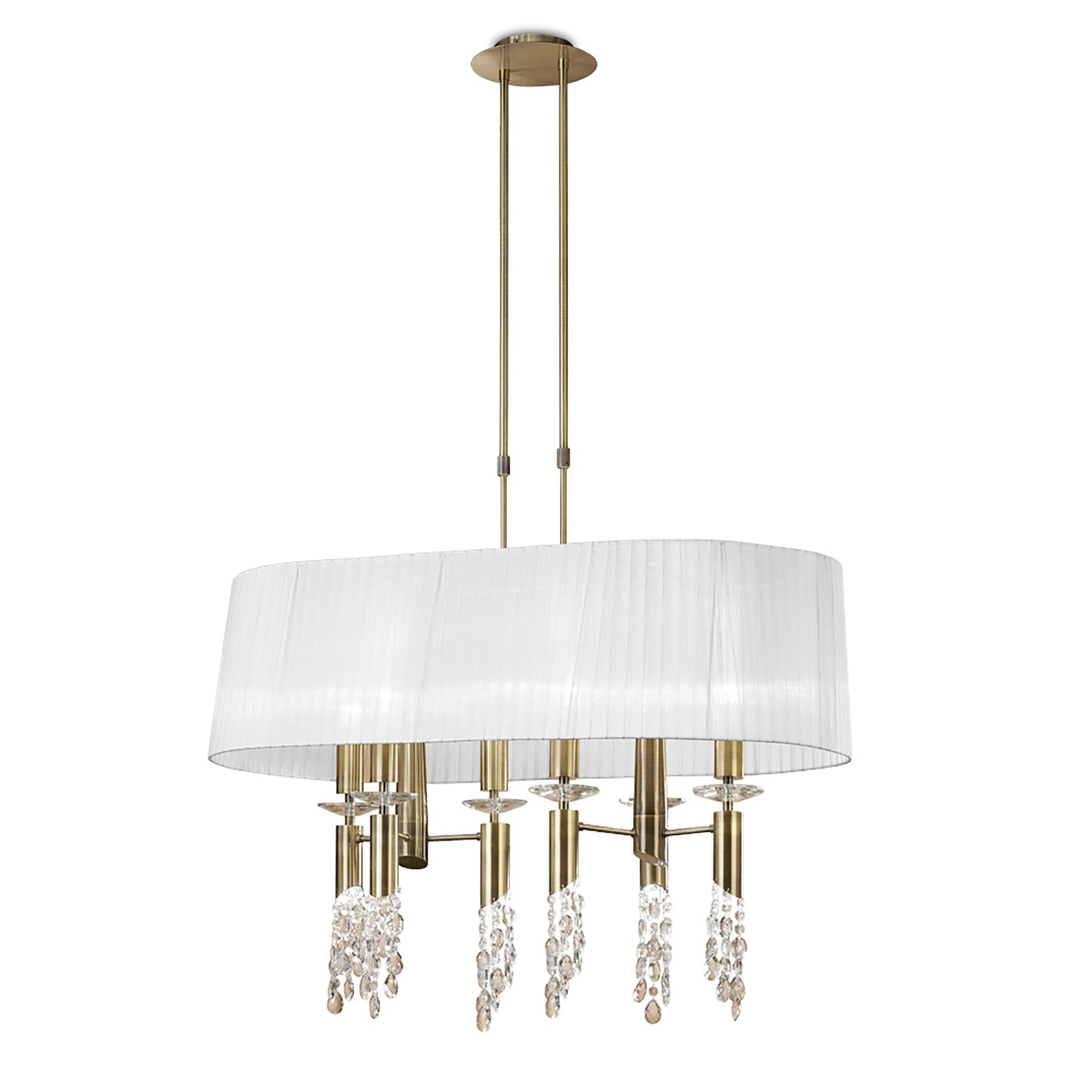 Tiffany Pendant 6+6 Light E27+G9 Oval, Antique Brass With White Shade & Clear Crystal by Mantra