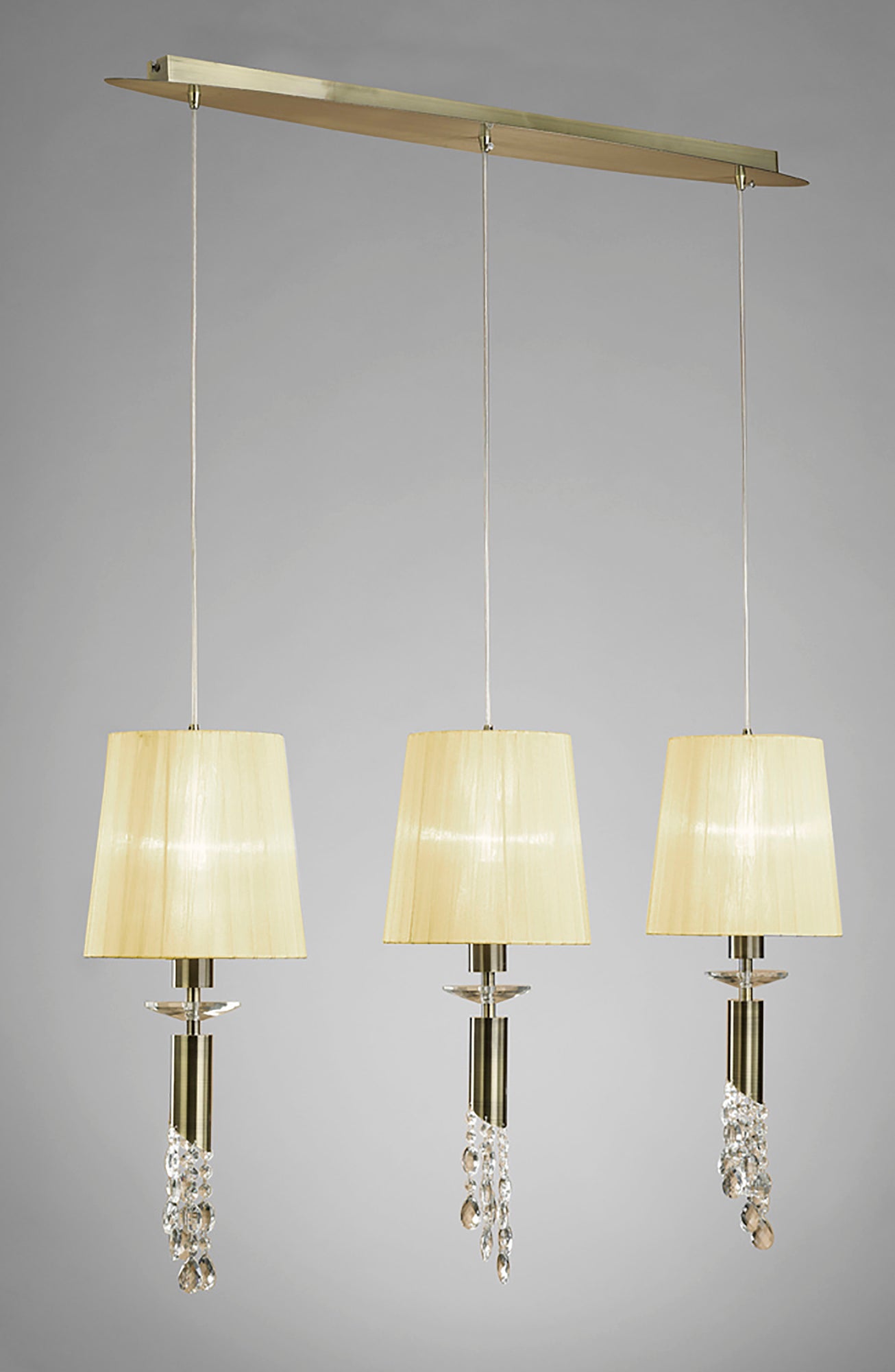 Tiffany Linear Pendant 3+3 Light E27+G9 Line, Antique Brass With Cream Shades & Clear Crystal by Mantra