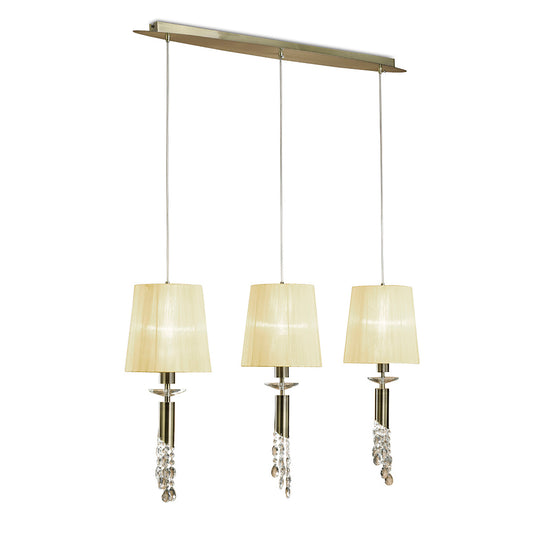 Tiffany Linear Pendant 3+3 Light E27+G9 Line, Antique Brass With Cream Shades & Clear Crystal by Mantra