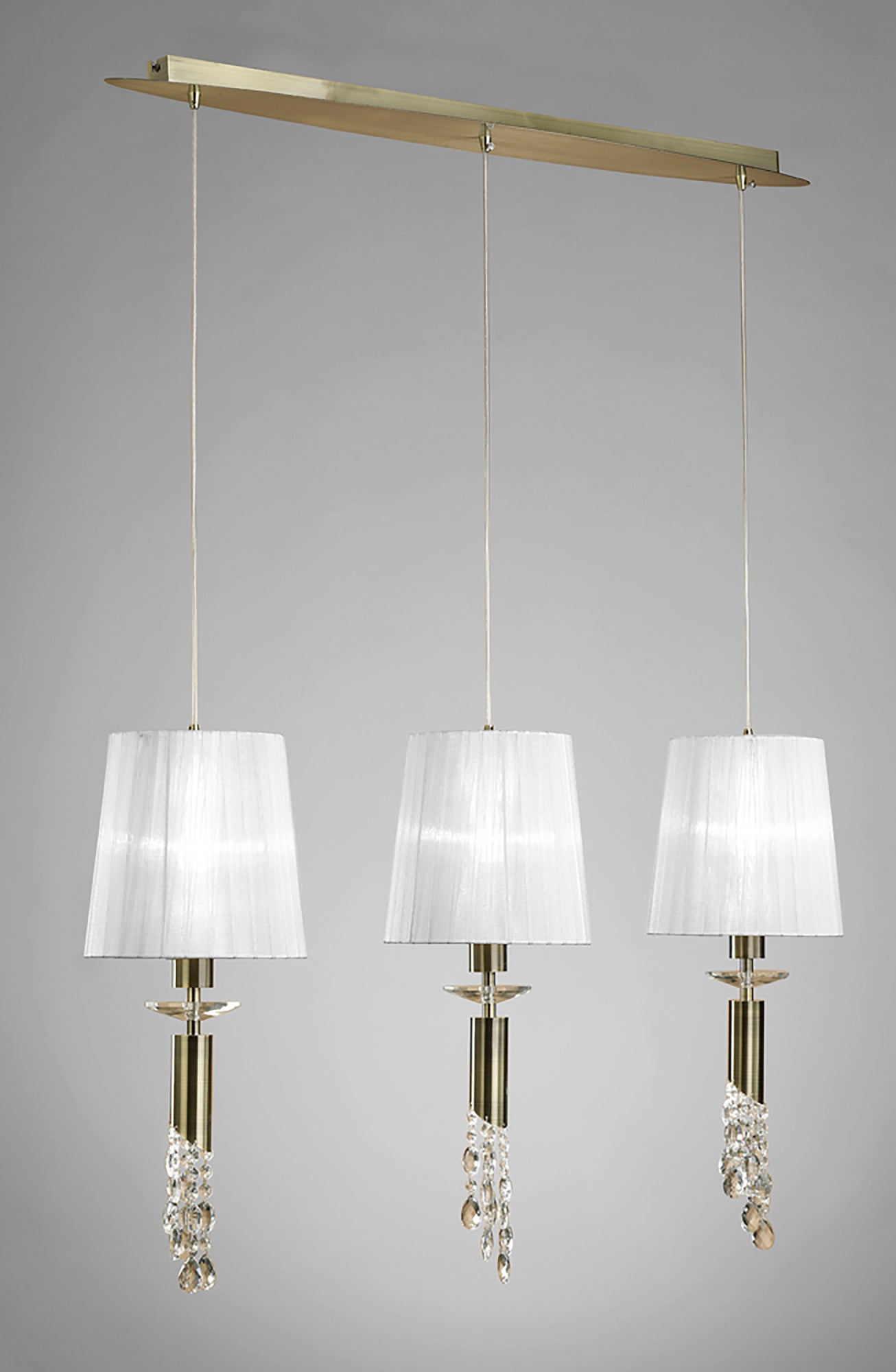 Tiffany Linear Pendant 3+3 Light E27+G9 Line, Antique Brass With White Shades & Clear Crystal by Mantra