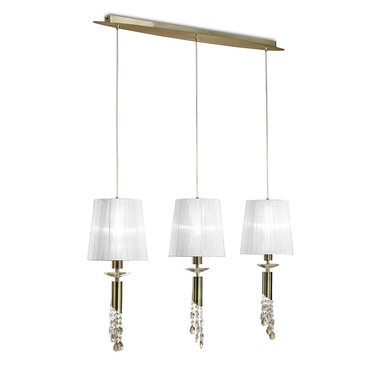 Tiffany Linear Pendant 3+3 Light E27+G9 Line, Antique Brass With White Shades & Clear Crystal by Mantra