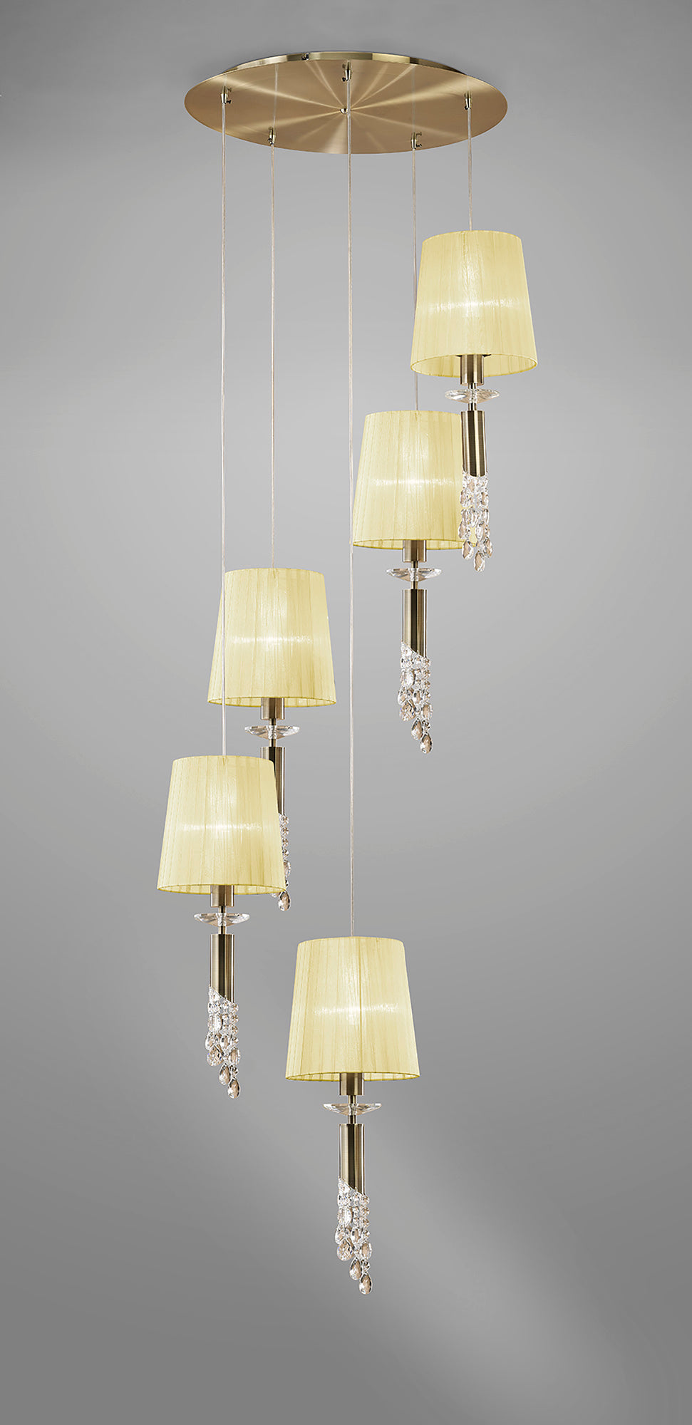 Tiffany Pendant 5+5 Light E27+G9 Spiral, Antique Brass With Cream Shades & Clear Crystal by Mantra