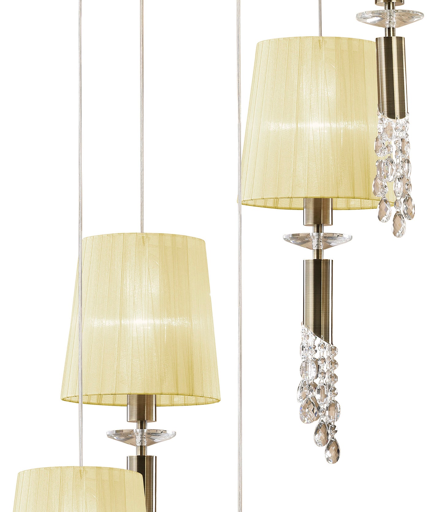 Tiffany Pendant 5+5 Light E27+G9 Spiral, Antique Brass With Cream Shades & Clear Crystal by Mantra