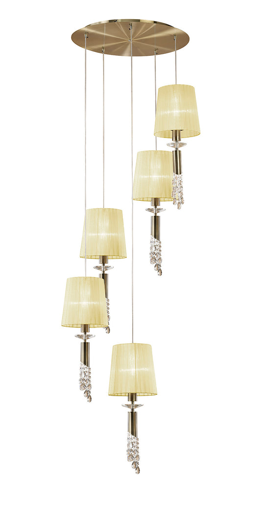 Tiffany Pendant 5+5 Light E27+G9 Spiral, Antique Brass With Cream Shades & Clear Crystal by Mantra