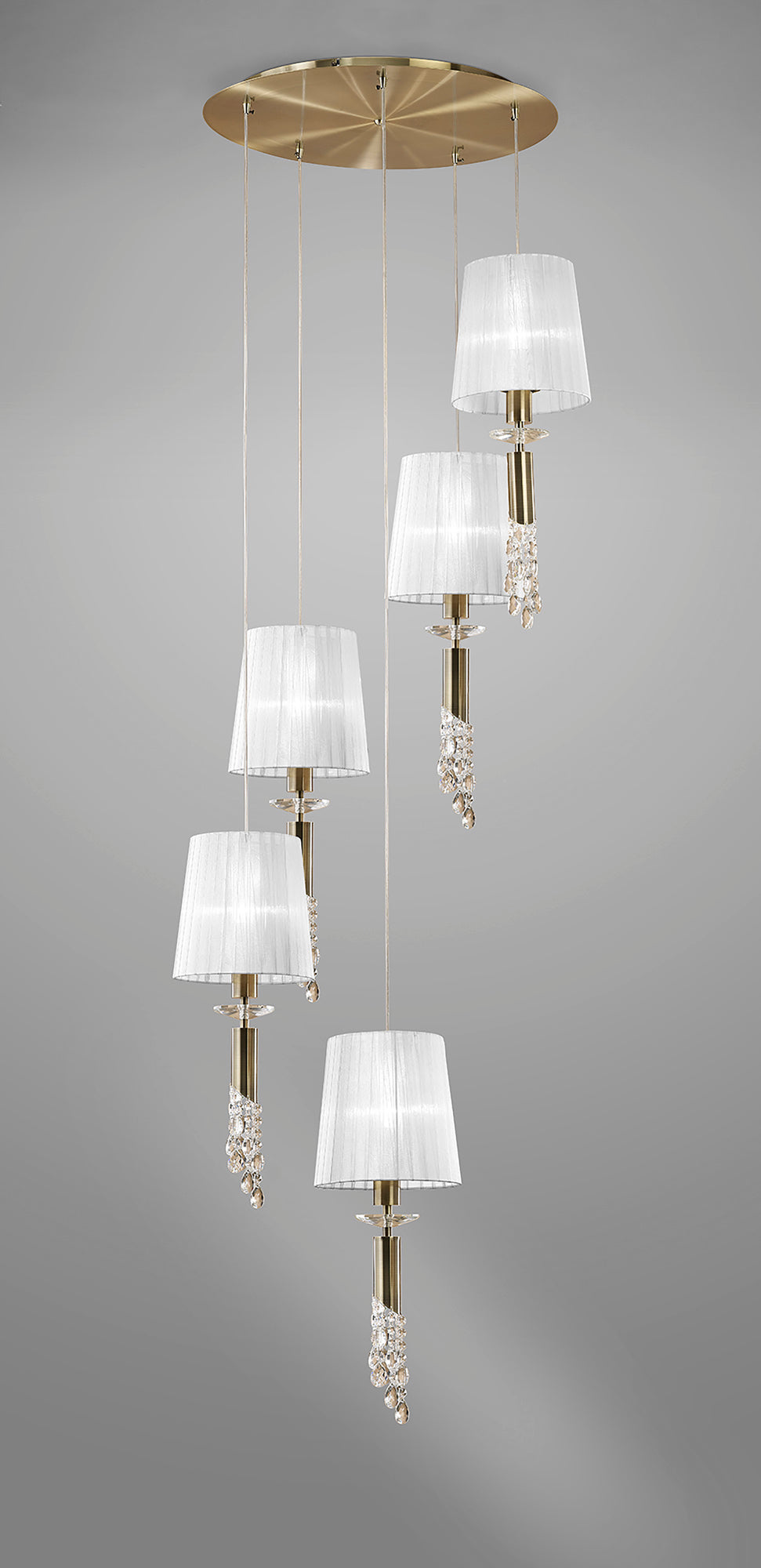 Tiffany Pendant 5+5 Light E27+G9 Spiral, Antique Brass With White Shades & Clear Crystal by Mantra