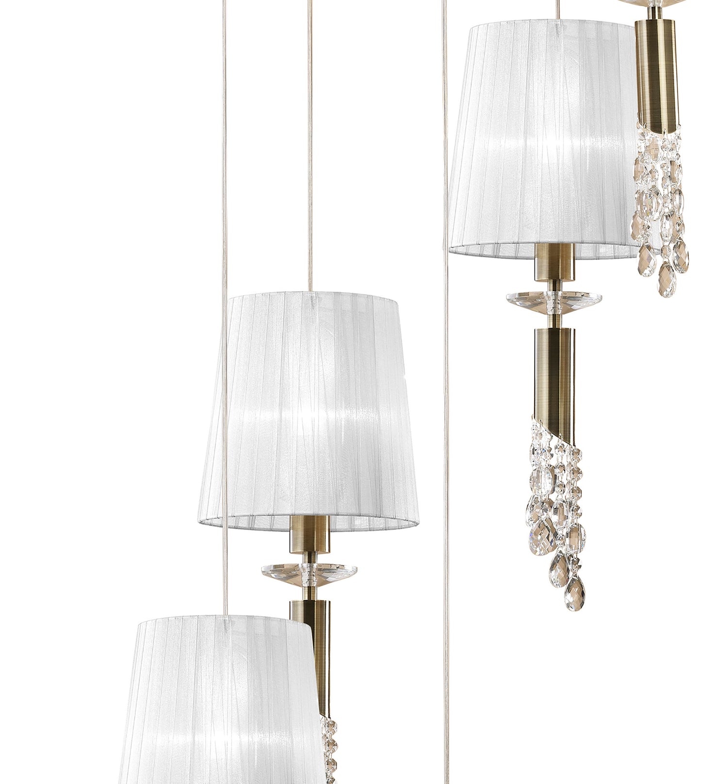 Tiffany Pendant 5+5 Light E27+G9 Spiral, Antique Brass With White Shades & Clear Crystal by Mantra