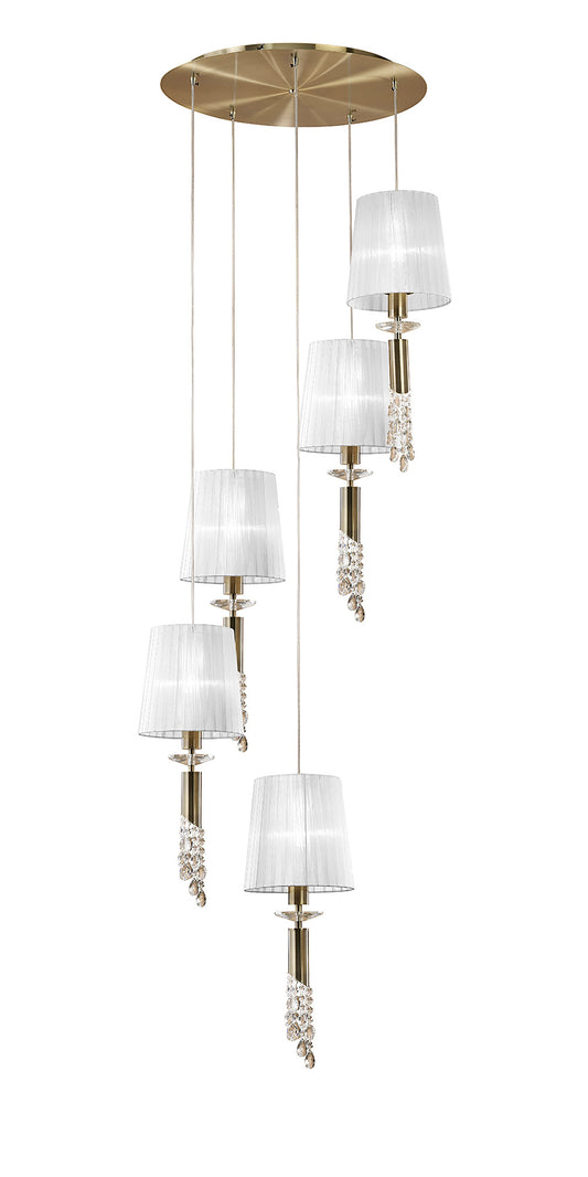 Tiffany Pendant 5+5 Light E27+G9 Spiral, Antique Brass With White Shades & Clear Crystal by Mantra