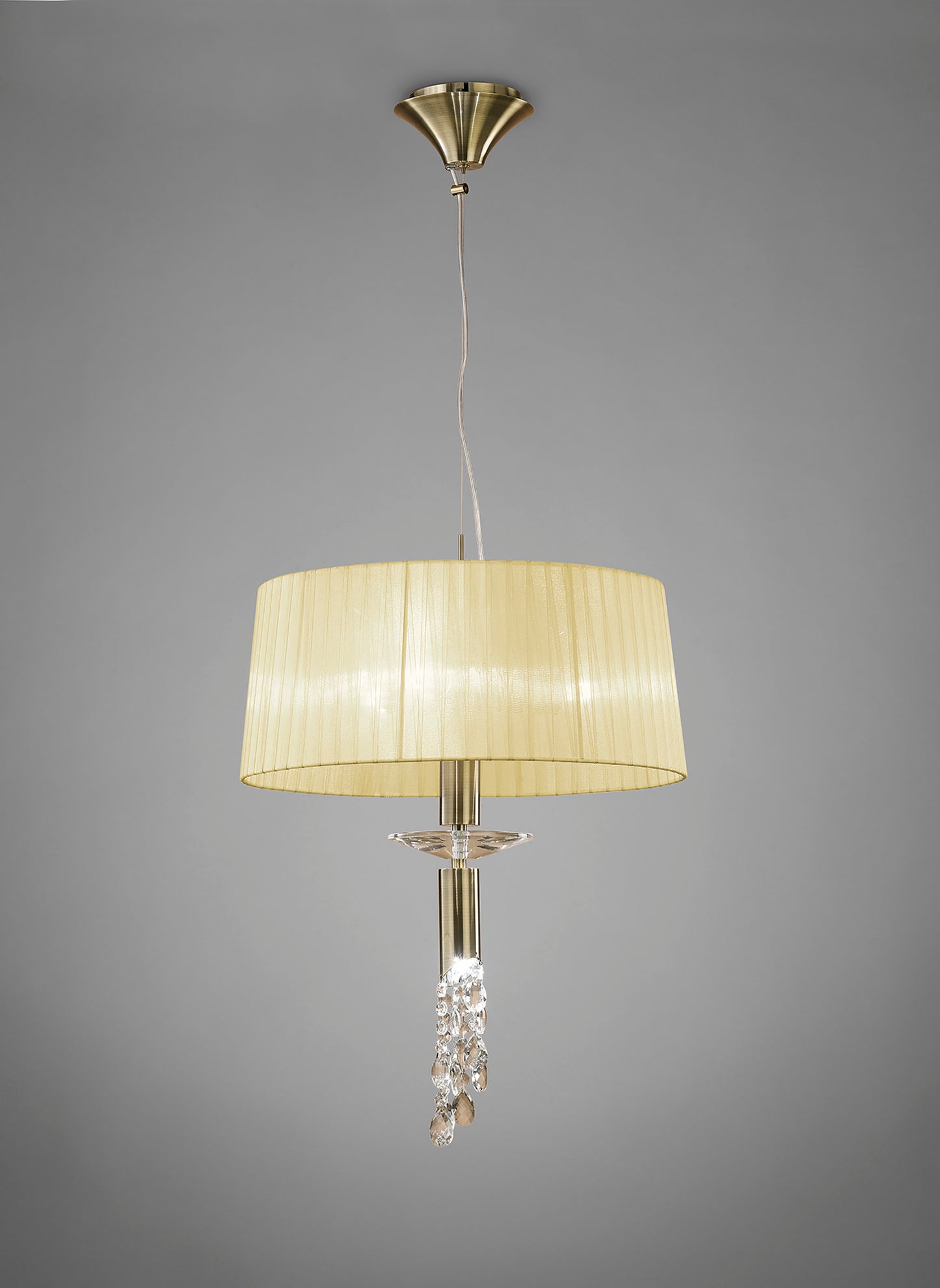 Tiffany Pendant 3+1 Light E27+G9, Antique Brass With Cream Shade & Clear Crystal by Mantra