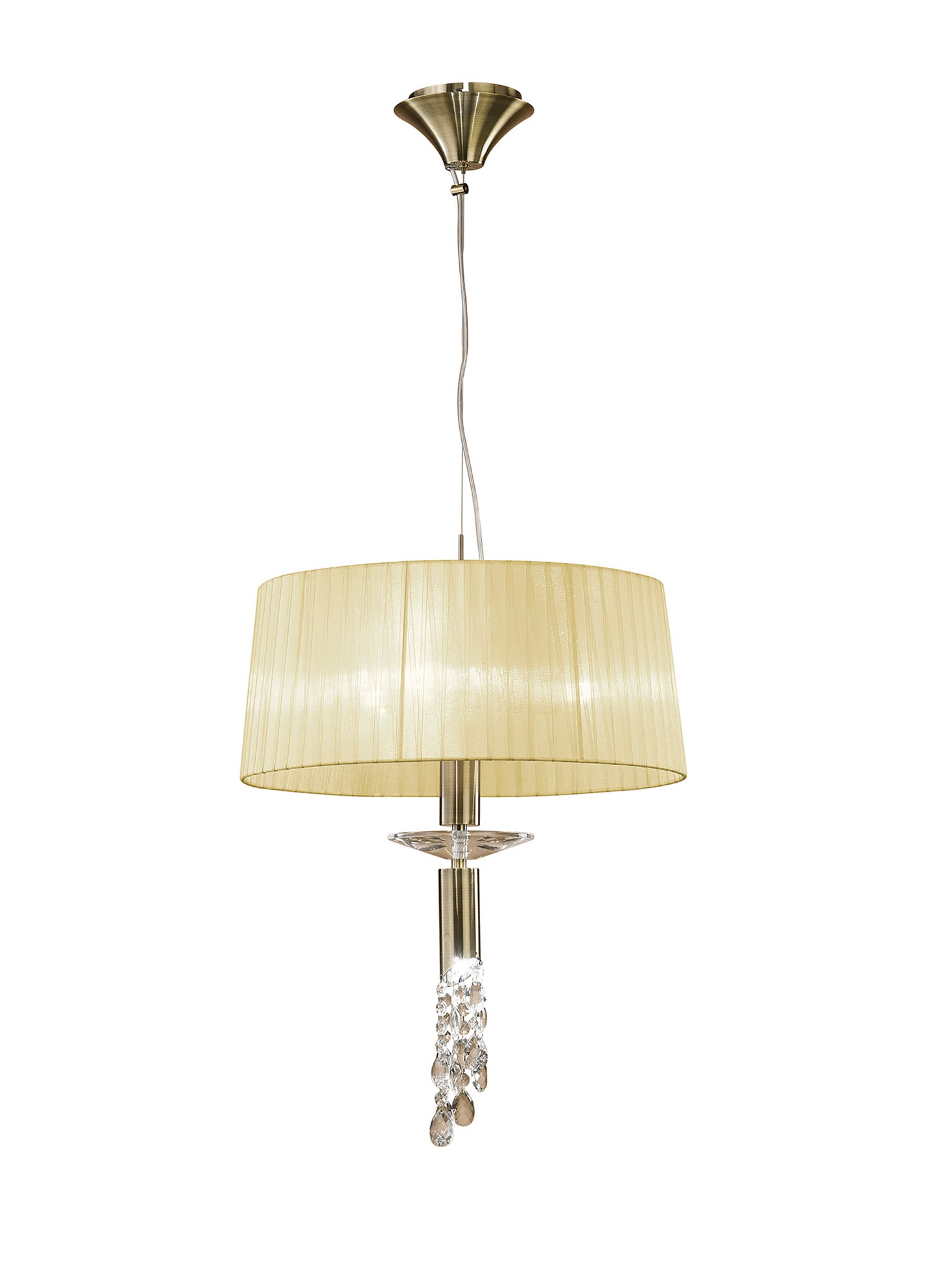 Tiffany Pendant 3+1 Light E27+G9, Antique Brass With Cream Shade & Clear Crystal by Mantra