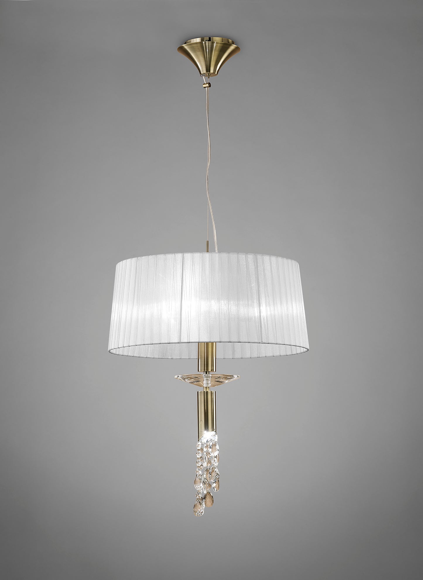 Tiffany Pendant 3+1 Light E27+G9, Antique Brass With White Shade & Clear Crystal by Mantra