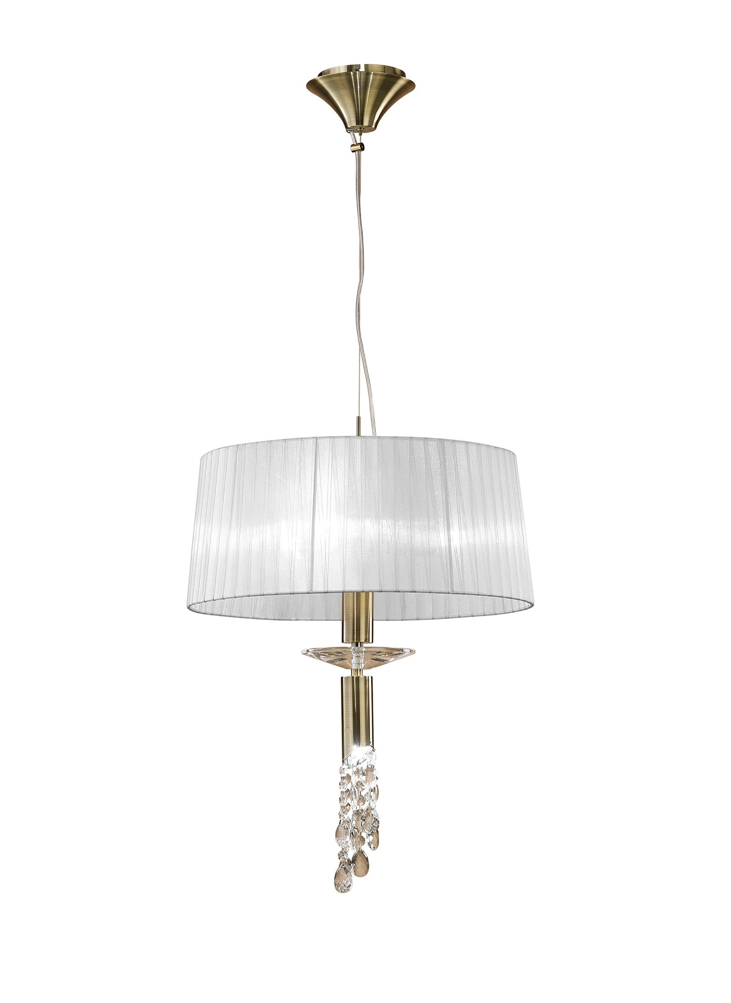 Tiffany Pendant 3+1 Light E27+G9, Antique Brass With White Shade & Clear Crystal by Mantra