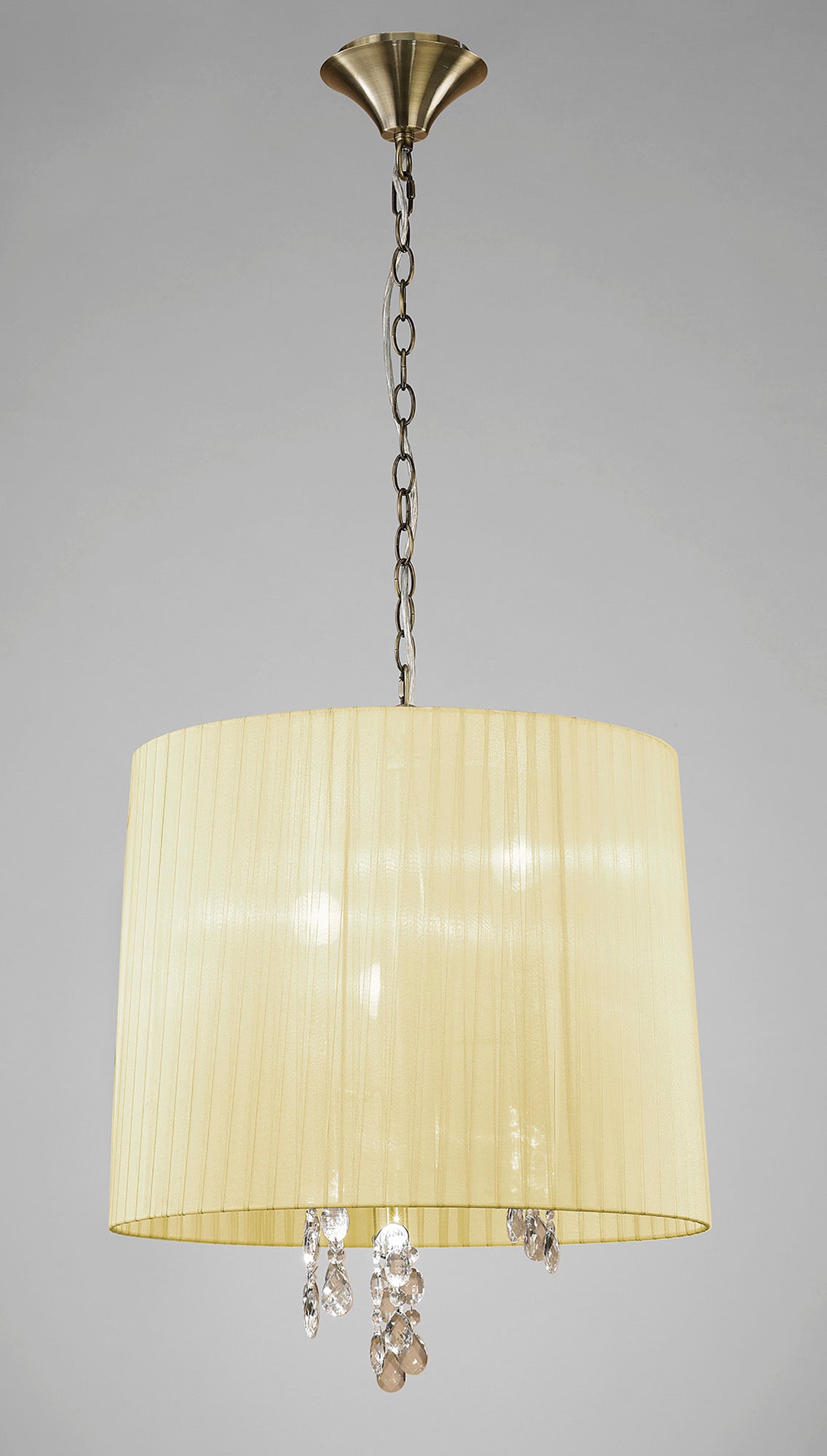 Tiffany Pendant 3+3 Light E14+G9, Antique Brass With Cream Shade & Clear Crystal by Mantra