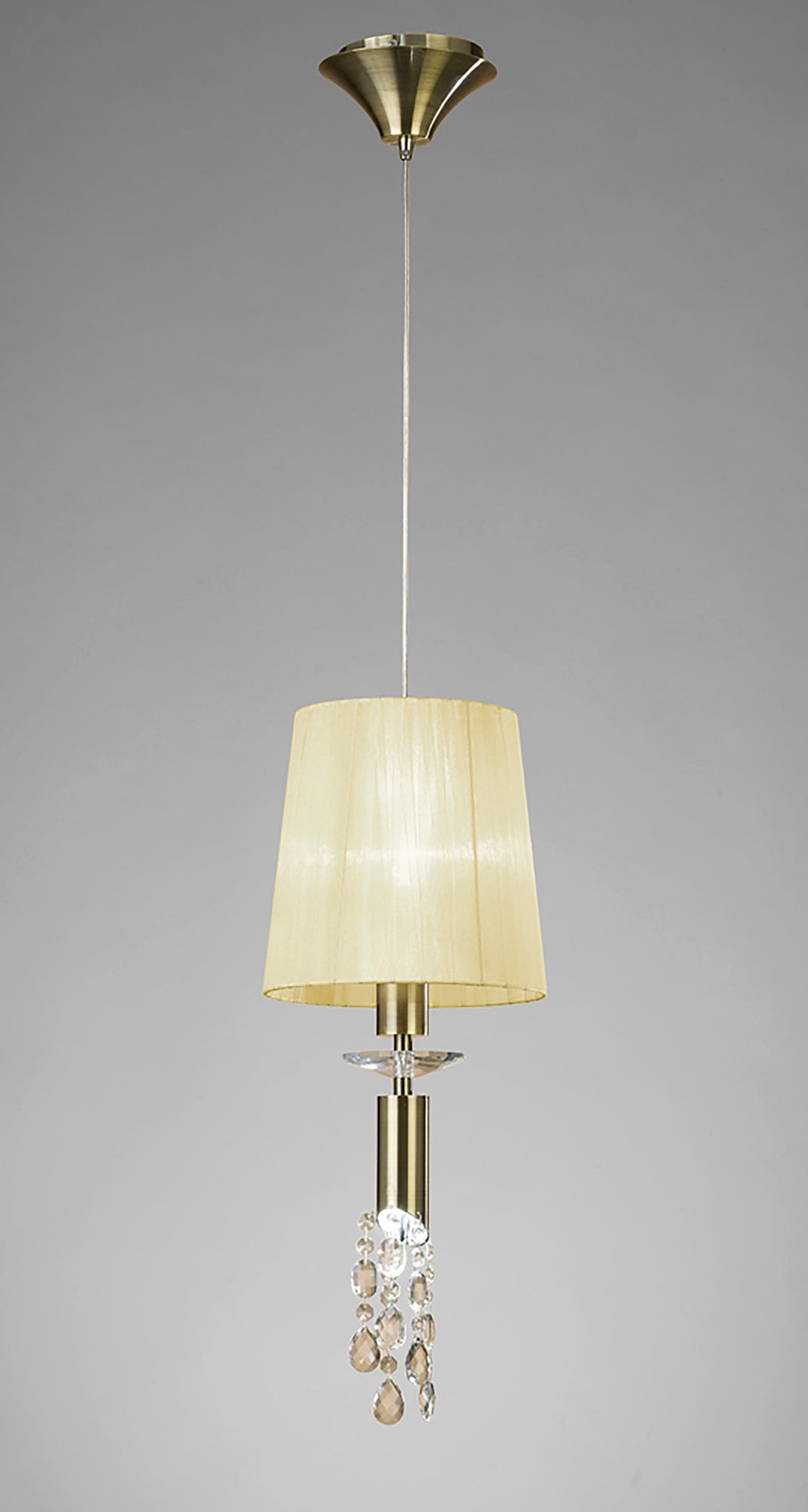 Tiffany Pendant 1+1 Light E27+G9, Antique Brass With Cream Shade & Clear Crystal by Mantra