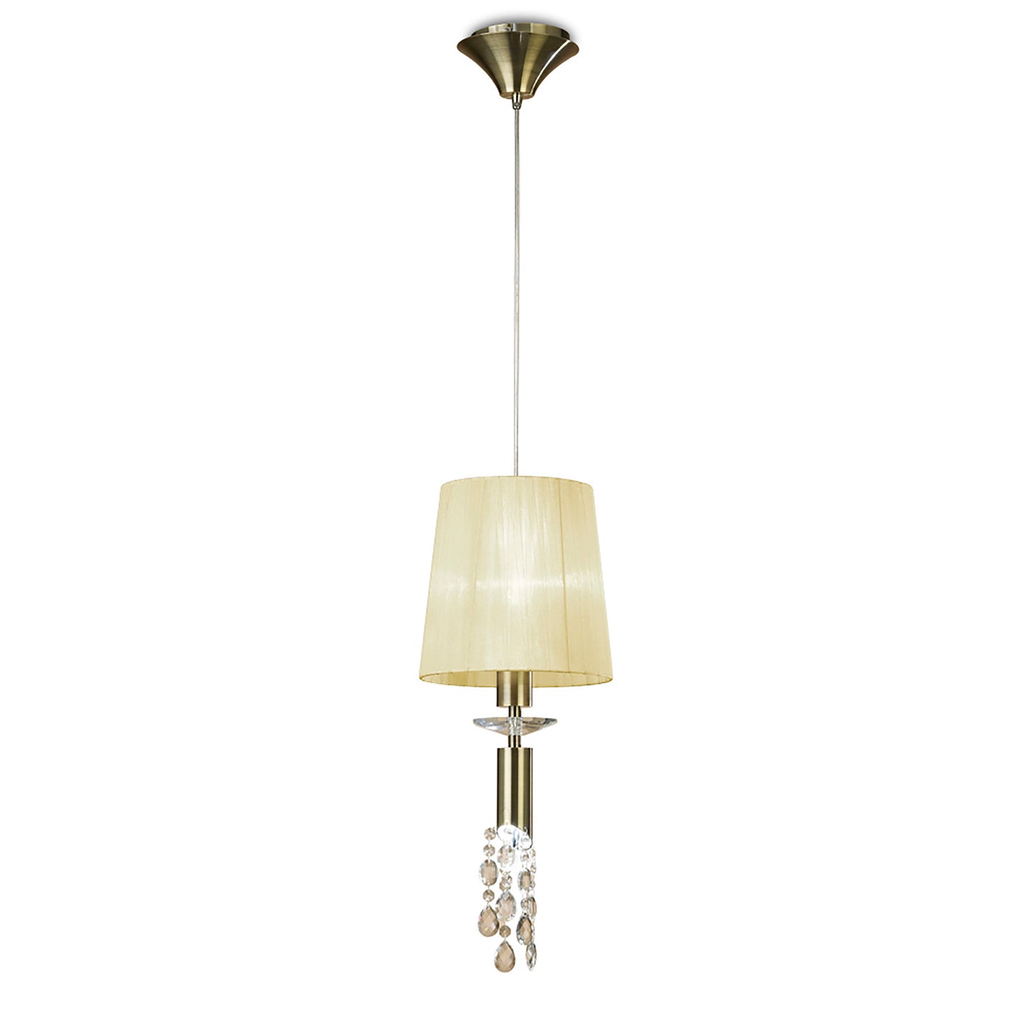 Tiffany Pendant 1+1 Light E27+G9, Antique Brass With Cream Shade & Clear Crystal by Mantra