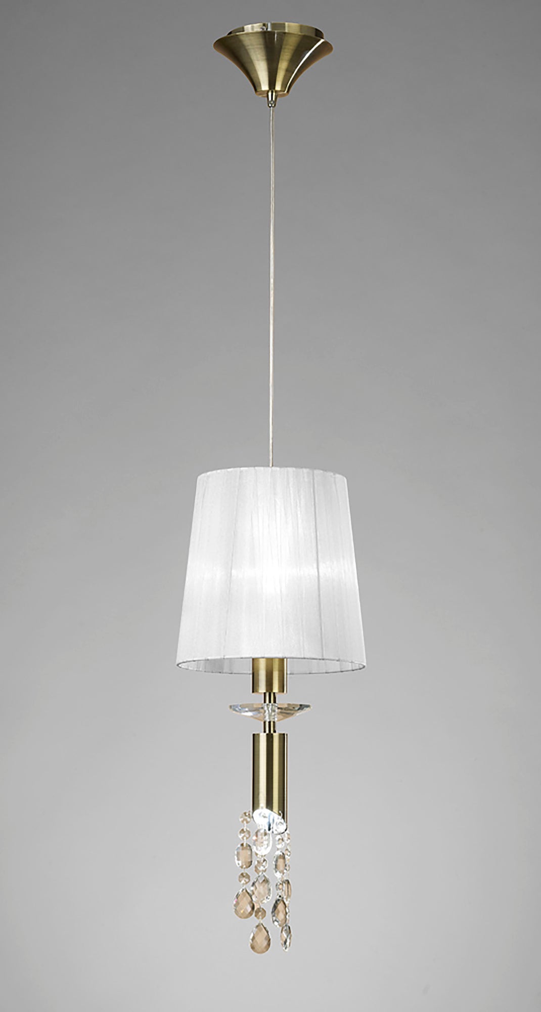 Tiffany Pendant 1+1 Light E27+G9, Antique Brass With White Shade & Clear Crystal by Mantra