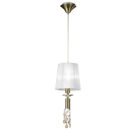 Tiffany Pendant 1+1 Light E27+G9, Antique Brass With White Shade & Clear Crystal by Mantra