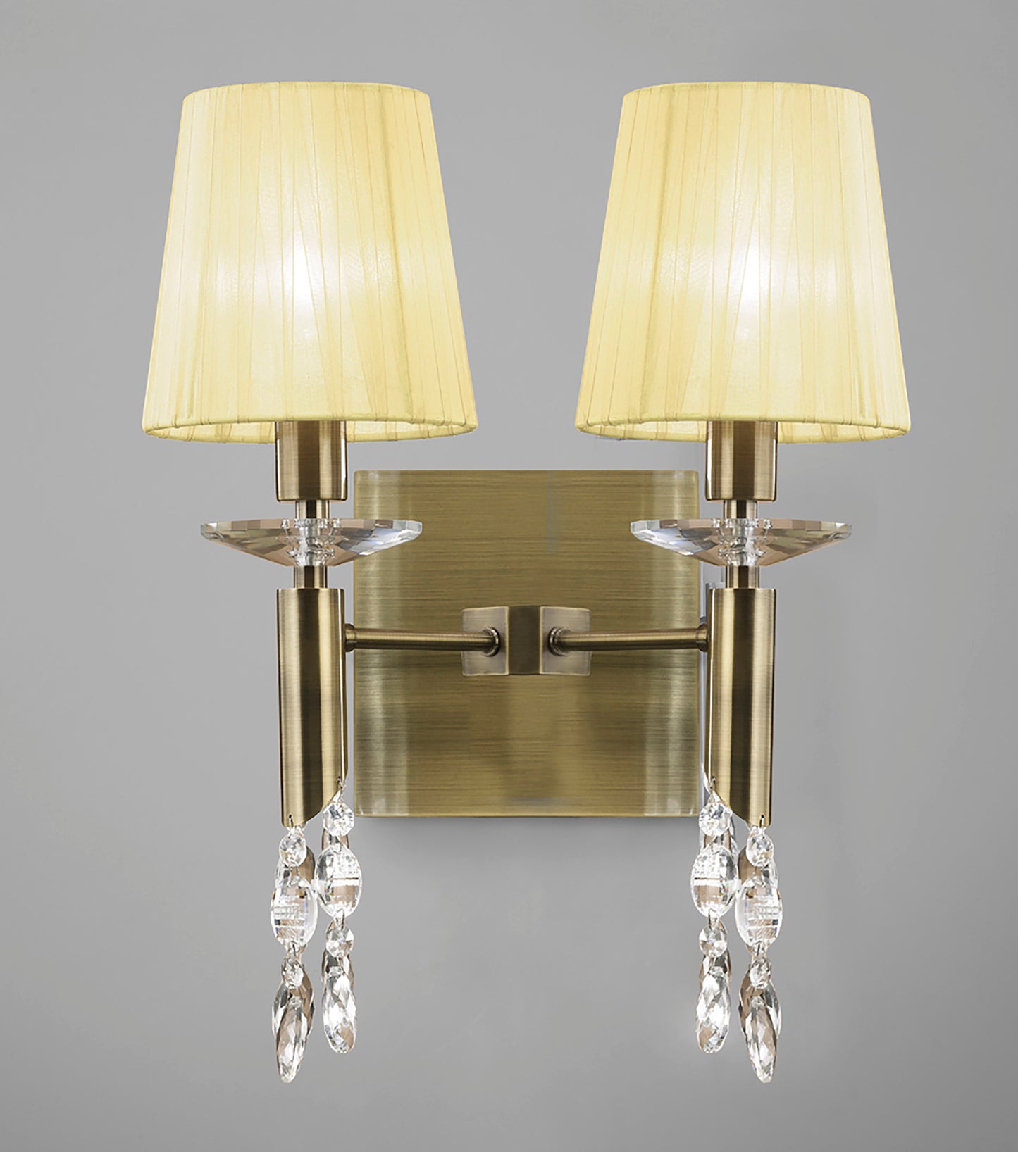 Tiffany Wall Lamp Switched 2+2 Light E14+G9, Antique Brass With Cream Shades & Clear Crystal by Mantra