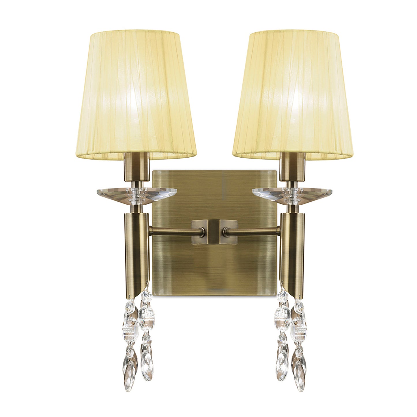 Tiffany Wall Lamp Switched 2+2 Light E14+G9, Antique Brass With Cream Shades & Clear Crystal by Mantra