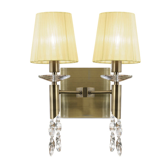 Tiffany Wall Lamp Switched 2+2 Light E14+G9, Antique Brass With Cream Shades & Clear Crystal by Mantra