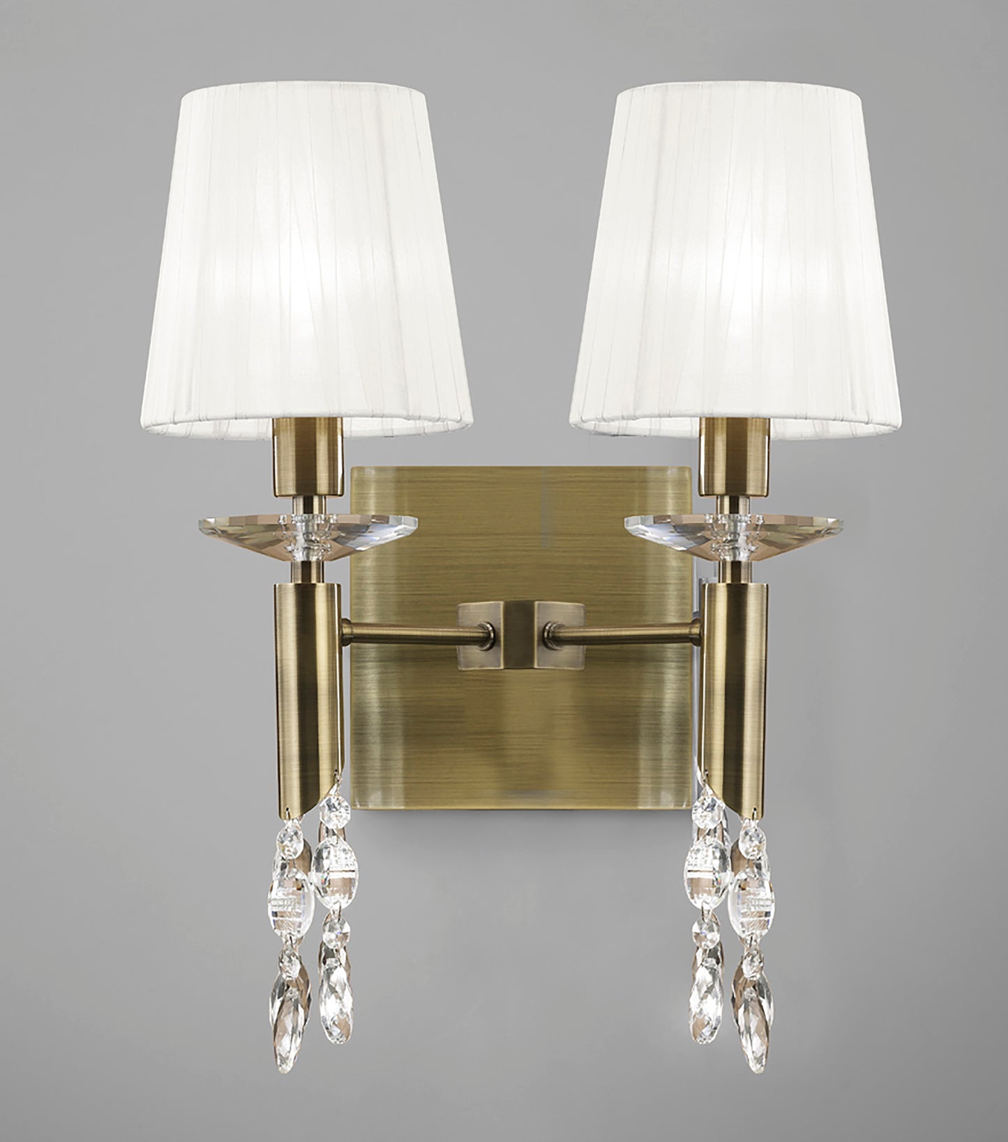 Tiffany Wall Lamp Switched 2+2 Light E14+G9, Antique Brass With White Shades & Clear Crystal by Mantra