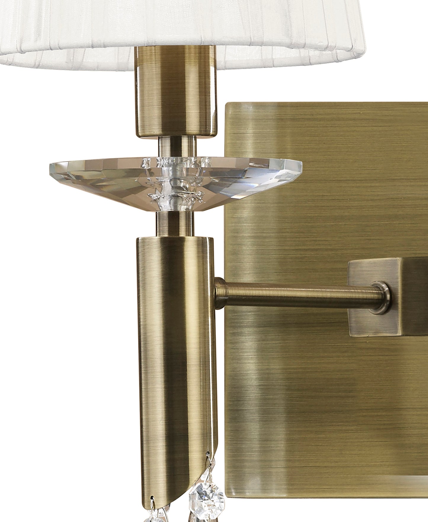 Tiffany Wall Lamp Switched 2+2 Light E14+G9, Antique Brass With White Shades & Clear Crystal by Mantra