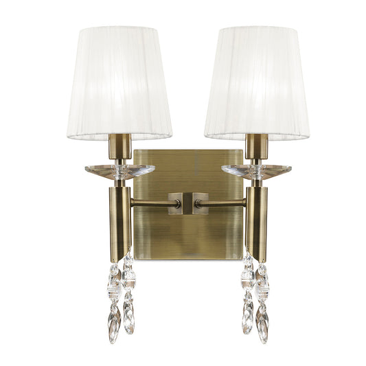 Tiffany Wall Lamp Switched 2+2 Light E14+G9, Antique Brass With White Shades & Clear Crystal by Mantra