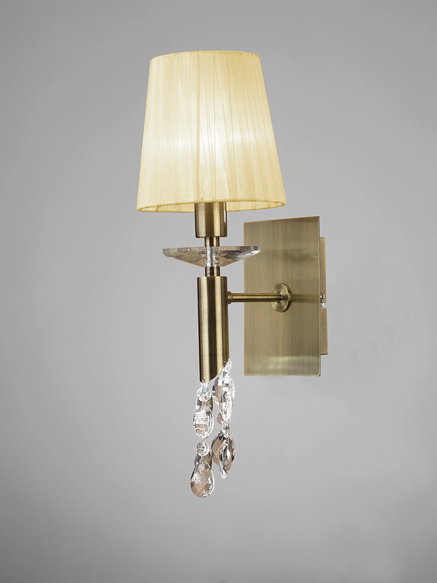 Tiffany Wall Lamp Switched 1+1 Light E14+G9, Antique Brass With Cream Shade & Clear Crystal by Mantra