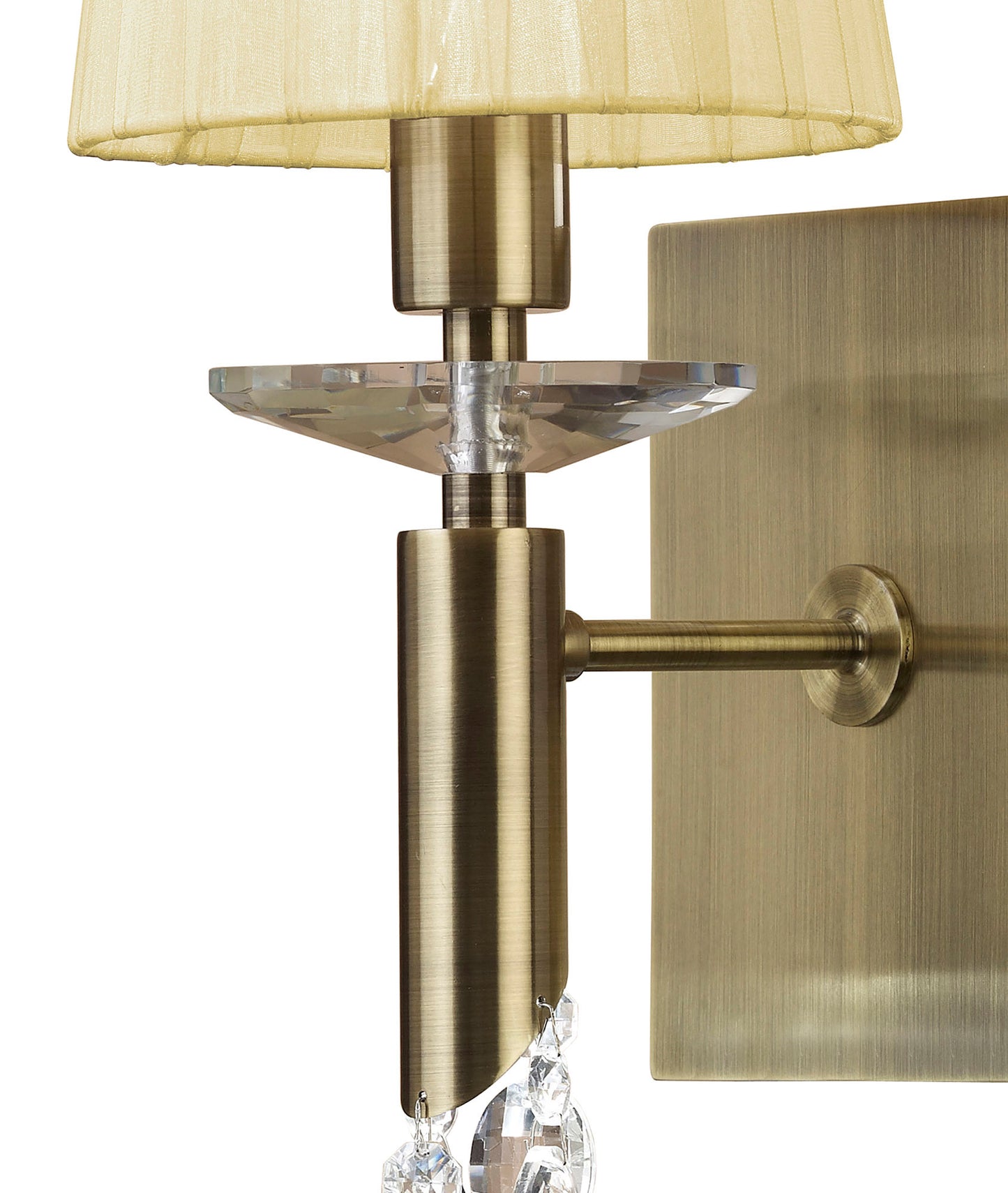 Tiffany Wall Lamp Switched 1+1 Light E14+G9, Antique Brass With Cream Shade & Clear Crystal by Mantra