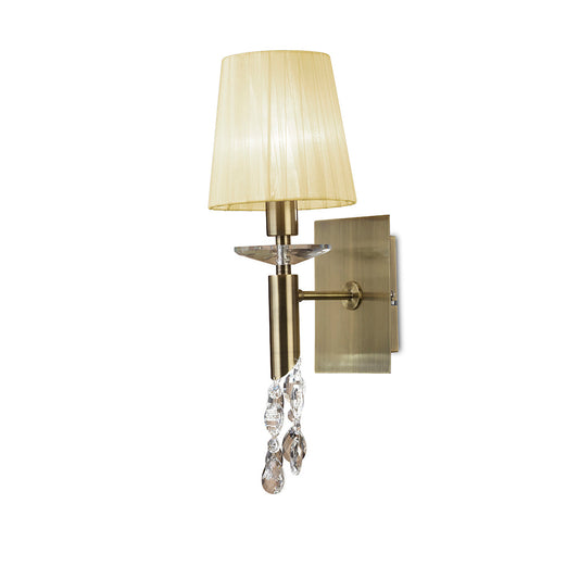Tiffany Wall Lamp Switched 1+1 Light E14+G9, Antique Brass With Cream Shade & Clear Crystal by Mantra