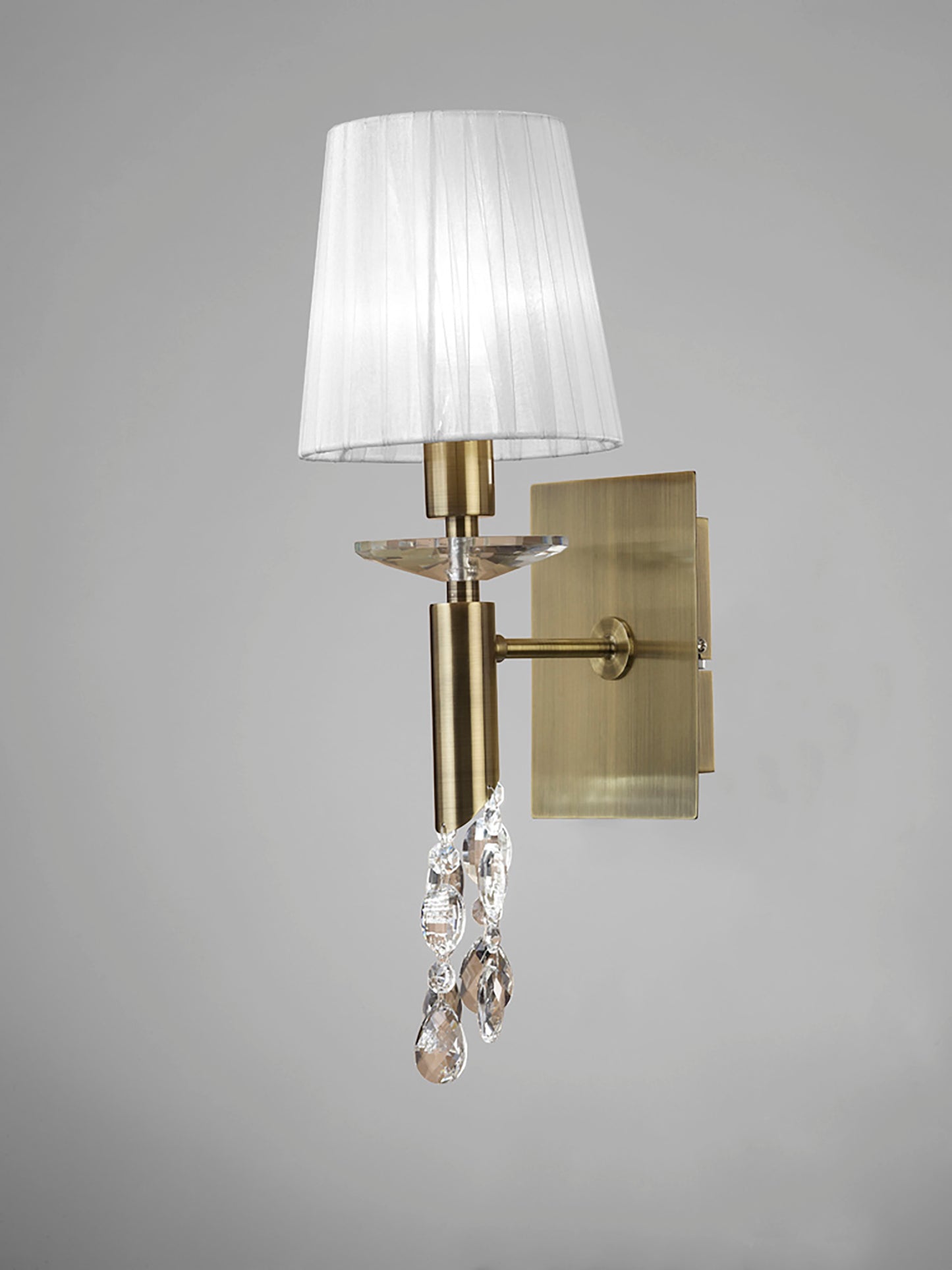 Tiffany Wall Lamp Switched 1+1 Light E14+G9, Antique Brass With White Shade & Clear Crystal by Mantra