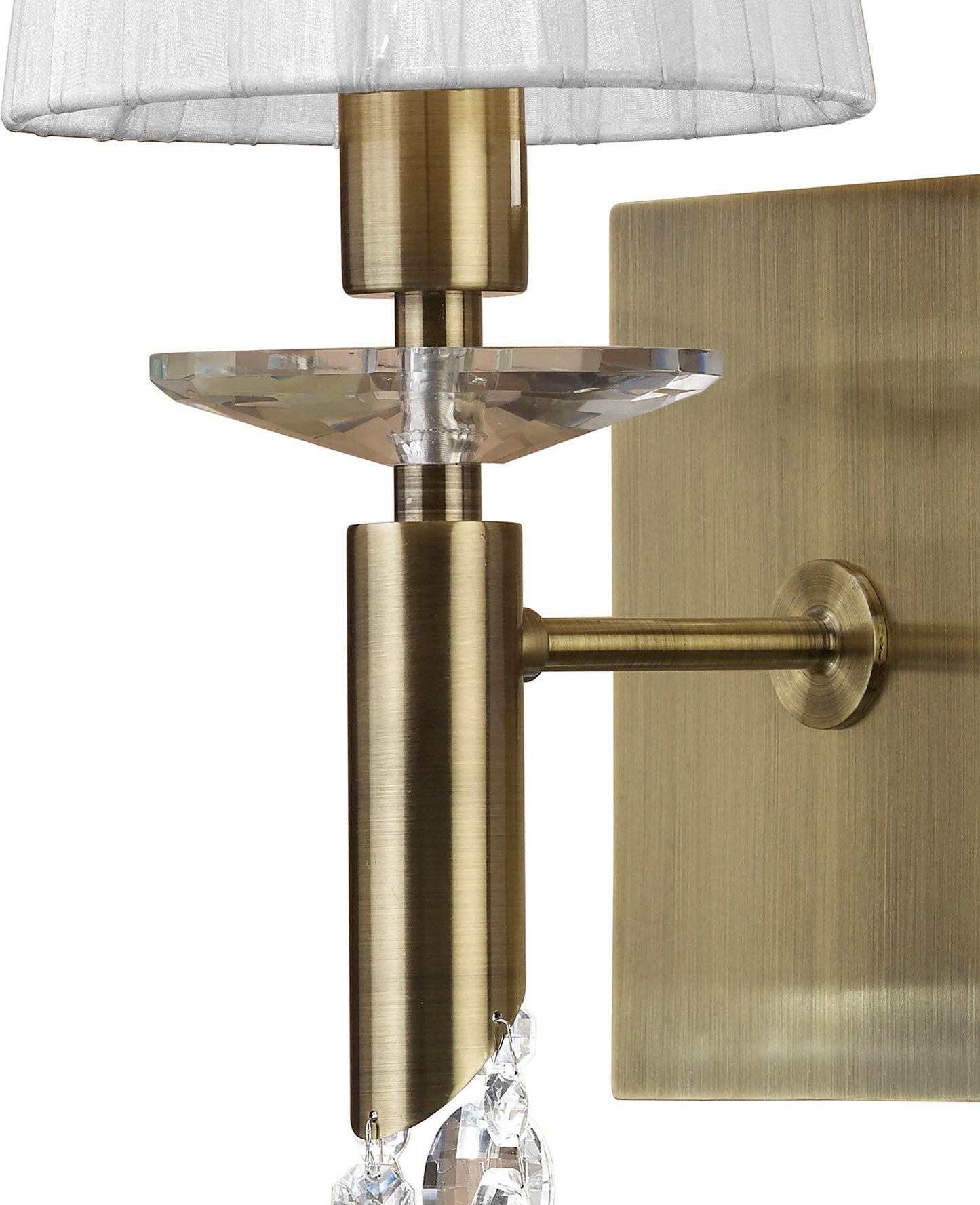 Tiffany Wall Lamp Switched 1+1 Light E14+G9, Antique Brass With White Shade & Clear Crystal by Mantra