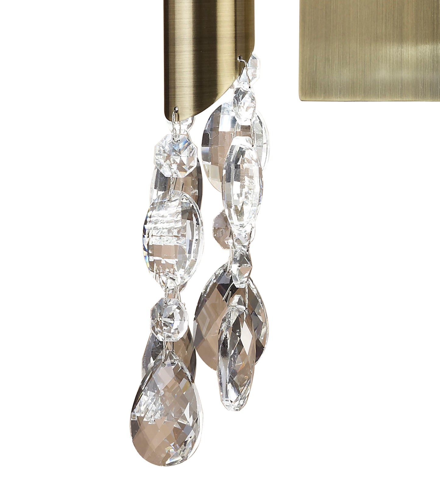 Tiffany Wall Lamp Switched 1+1 Light E14+G9, Antique Brass With White Shade & Clear Crystal by Mantra