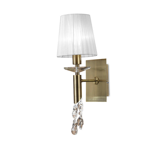 Tiffany Wall Lamp Switched 1+1 Light E14+G9, Antique Brass With White Shade & Clear Crystal by Mantra