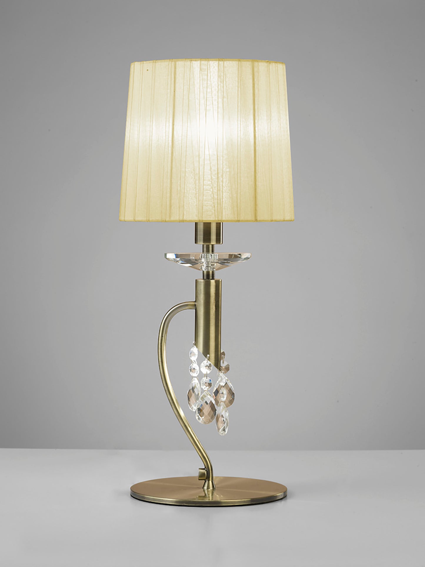 Tiffany Table Lamp 1+1 Light E14+G9, Antique Brass With Cream Shade & Clear Crystal by Mantra