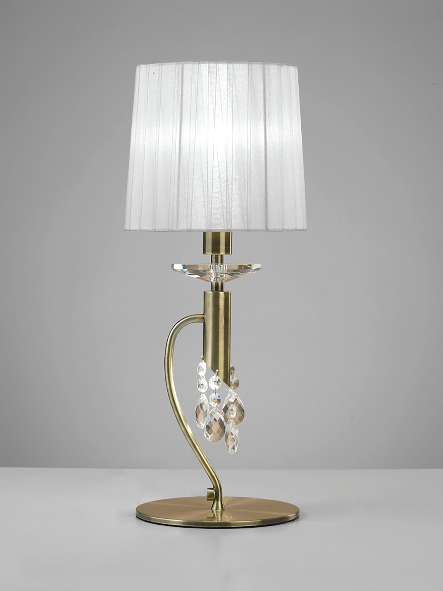 Tiffany Table Lamp 1+1 Light E14+G9, Antique Brass With White Shade & Clear Crystal by Mantra