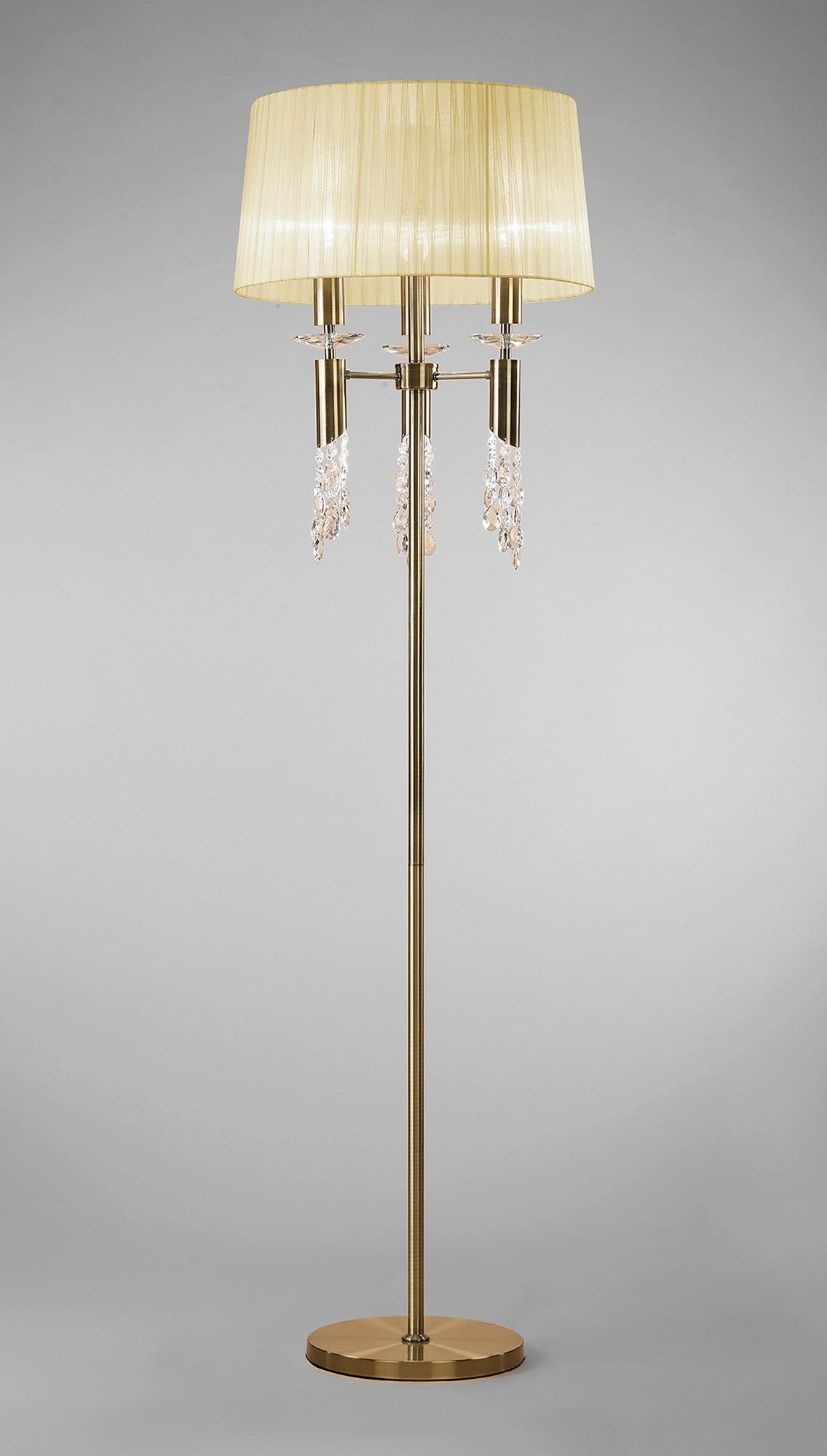 Tiffany Floor Lamp 3+3 Light E27+G9, Antique Brass With Cream Shade & Clear Crystal by Mantra