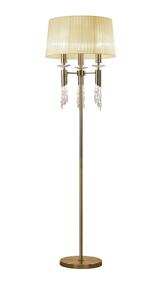 Tiffany Floor Lamp 3+3 Light E27+G9, Antique Brass With Cream Shade & Clear Crystal by Mantra