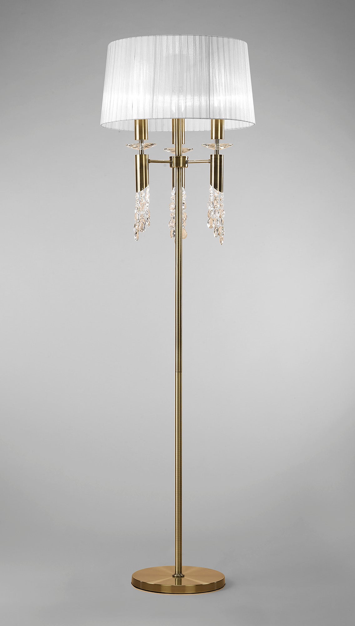 Tiffany Floor Lamp 3+3 Light E27+G9, Antique Brass With White Shade & Clear Crystal by Mantra