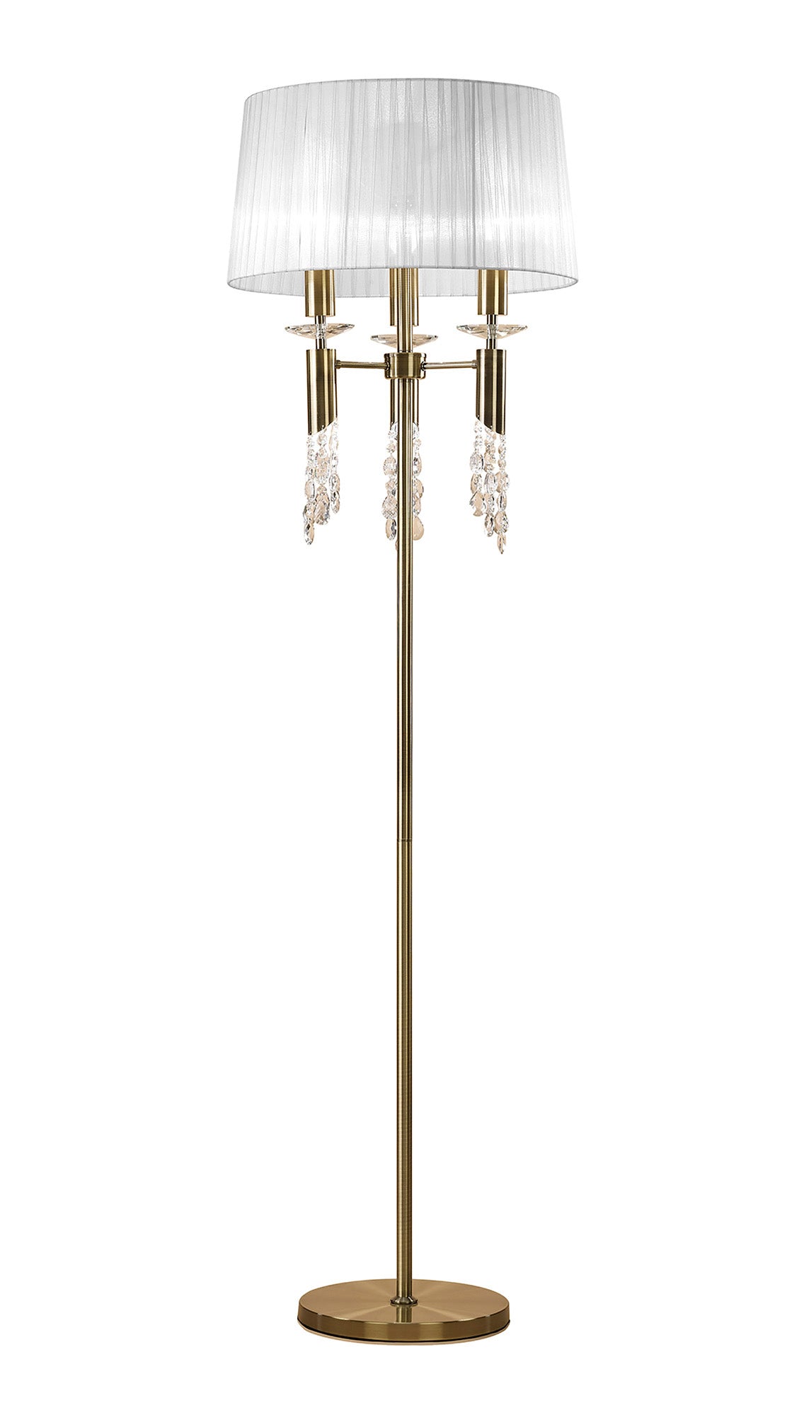 Tiffany Floor Lamp 3+3 Light E27+G9, Antique Brass With White Shade & Clear Crystal by Mantra