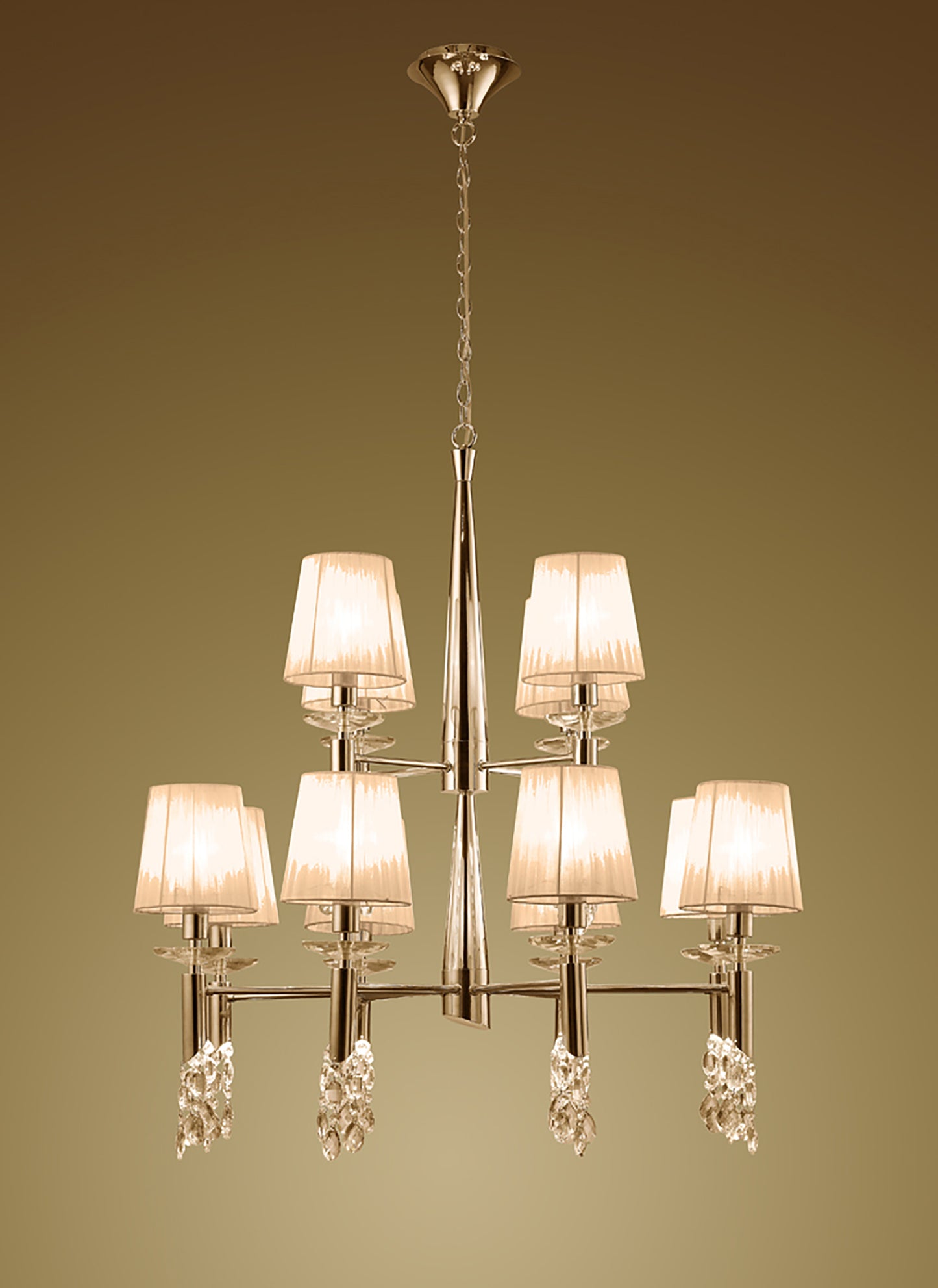 Tiffany Pendant 2 Tier 12+12 Light E14+G9, French Gold With Soft Bronze Shades & Clear Crystal by Mantra